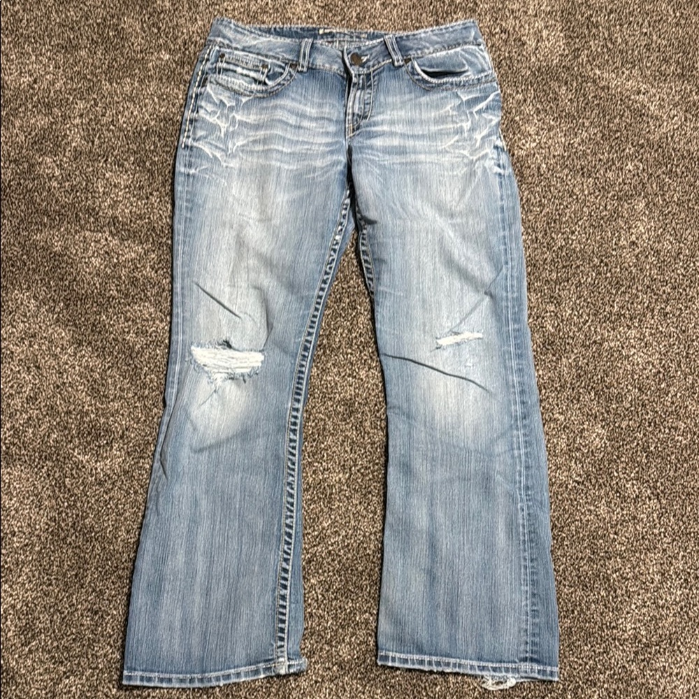 BKE Blue Straight Leg Jeans with Distressing